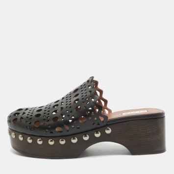 مملوكة مسبقًا Alaia Black Cutout Leather Clog Sandals Size 40