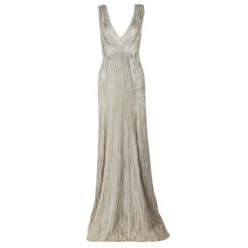 Pre Owned Alberta Ferretti Grey Embellished Crinkled Tulle Sleeveless Gown L