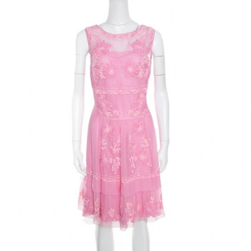Pre Owned Alberta Ferretti Pink Hand Embroidered Silk Sleeveless Dress L