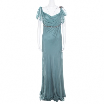 Pre Owned Alberta Ferretti Pale Green Crystal Embellished Flutter Sleeve Silk Evening Gown L 