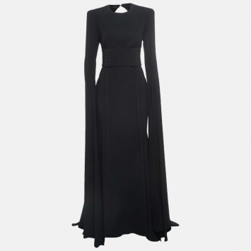 Pre Owned Alex Perry Black Stretch Crepe Lace Up Belted Long Dress L