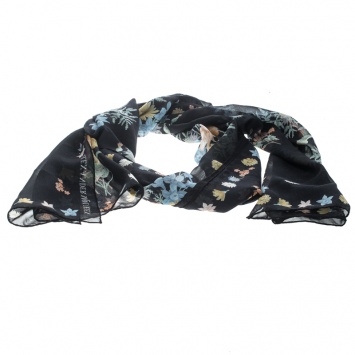 Pre Owned Alexander McQueen Black Island Bouquet Print Silk Scarf