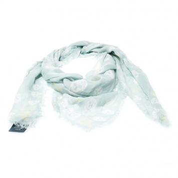 Pre Owned Alexander McQueen Mint Blue Skull and Roses Print Fringed Edge Scarf