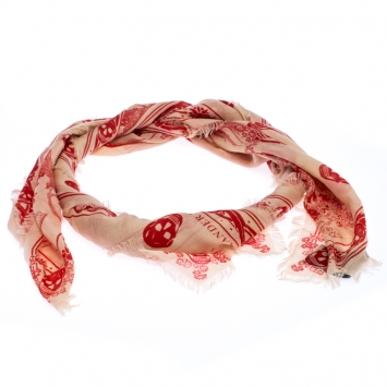 Pre Owned Alexander McQueen Pale Pink Eve and Skull Print Fringed Scarf