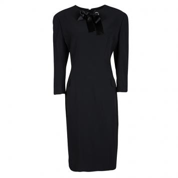 Pre Owned Alexander McQueen Black Satin Bow Detail Long Sleeve Leaf Crepe Dress L