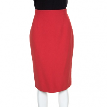 Pre Owned Alexander McQueen Red Leaf Crepe Pencil Midi Skirt M