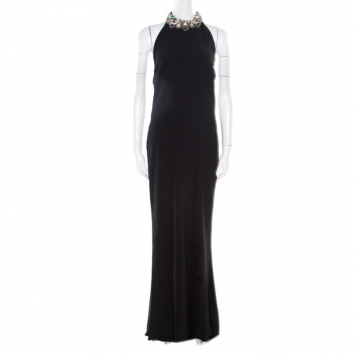 Pre Owned Alexander McQueen Black Embellished Collar Halter Evening Gown L