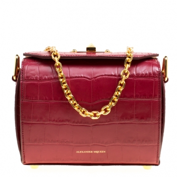 Pre Owned Alexander McQueen Red Croc Embossed Leather Box Shoulder Bag 