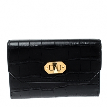 Pre Owned Alexander McQueen Black Croc Embossed Leather Medium Box Lock Continental Wallet