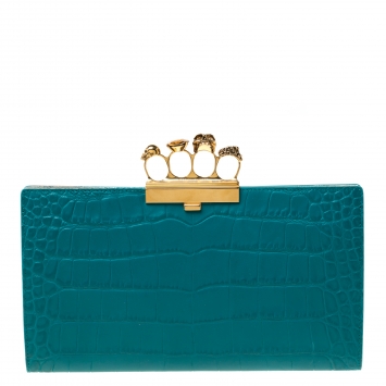 Pre Owned Alexander McQueen Green Embossed Croc Leather Skull Knuckle Duster Clutch