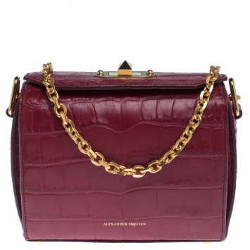 Pre Owned Alexander McQueen Red Croc Embossed Leather Box Shoulder Bag 