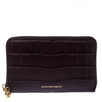 Pre Owned Alexander McQueen Burgundy Croc Embossed Leather Zip Around Wallet