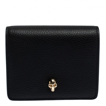 Pre Owned Alexander McQueen Black Leather Skull Bifold Wallet