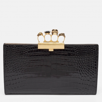 Pre Owned Alexander McQueen Black Croc Embossed Glossy Leather Knuckle Clutch