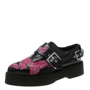 Pre Owned Alexander McQueen Black Butterfly Embroidered Leather Monk Strap Platform Loafers Size 37