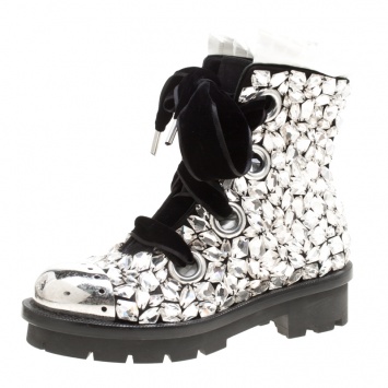 Pre Owned Alexander McQueen Black Suede All Over Crystals Pleat Trim Platform Biker Boots Size 39