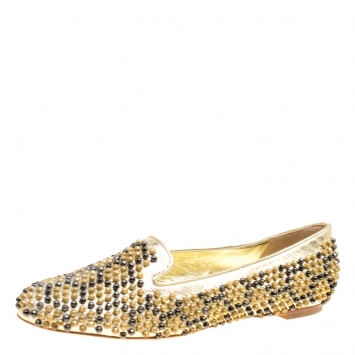 Pre Owned Alexander McQueen Metallic Gold Studded Leather Smoking Slippers Size 40