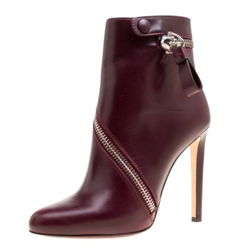 Pre Owned Alexander McQueen Burgundy Leather Spiral Zip Detail Ankle Boots Size 39
