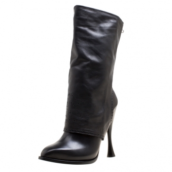 Pre Owned Alexander McQueen Black Perforated Leather Mid Calf Boots Size 38.5