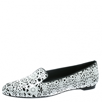 Pre Owned Alexander McQueen Monochrome Laser Cut Patent Leather Smoking Slippers Size 39