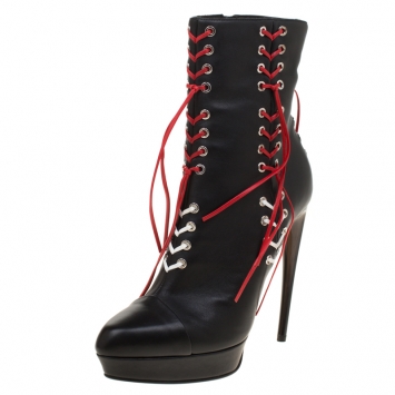 Pre Owned Alexander McQueen Black Leather With Two Tone Cord Detail Curve Heel Platform Ankle Boots Size 40