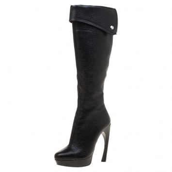 Pre Owned Alexander McQueen Black Leather Fold Over Cuff Curve Heel Platform Knee Length Boots Size 36