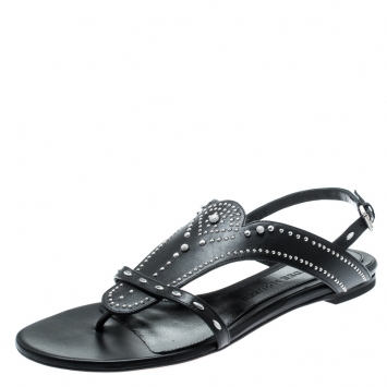 Pre Owned Alexander McQueen Black Studded Leather Flat Sandals Size 38.5