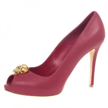 Pre Owned Alexander McQueen Pink Leather Skull Detail Peep Toe Pumps Size 40