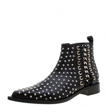 Pre Owned Alexander McQueen Black Leather Studded Pointed Toe Ankle Boots Size 41