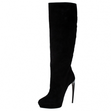 Pre Owned Alexander McQueen Black Suede Platform Curved Heel Knee Length Boots Size 40