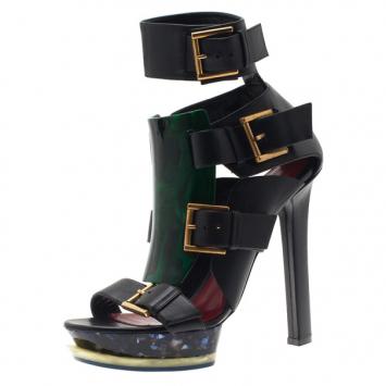 Pre Owned Alexander McQueen Black Plexi Plaque Strappy Platform Sandals Size 39