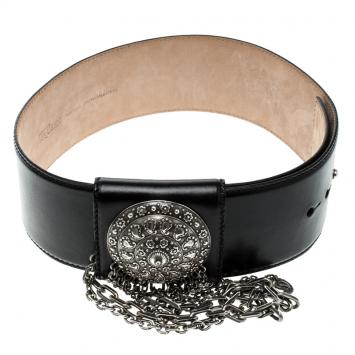 Pre Owned Alexander McQueen Black Leather and Chain Waist Belt 70cm