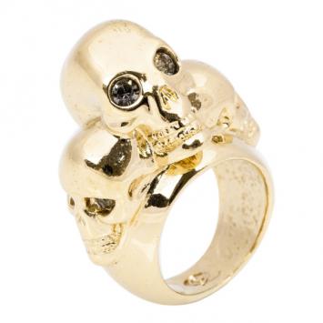 Pre Owned Alexander McQueen 3-Skull Gold-Tone Ring Size 54