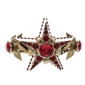 Pre Owned Alexander McQueen Star Skull Red Crystal Open Cuff Bracelet S