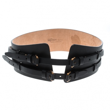 Pre Owned Alexander McQueen Black Leather Wide Waist Belt 85cm