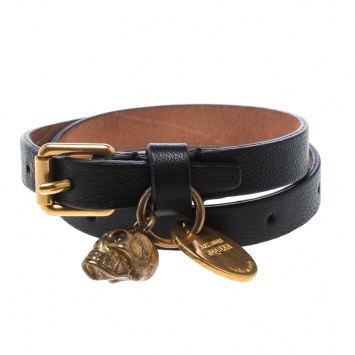 Pre Owned Alexander McQueen Black Leather Gold Tone Double Wrap Skull Charm Bracelet 