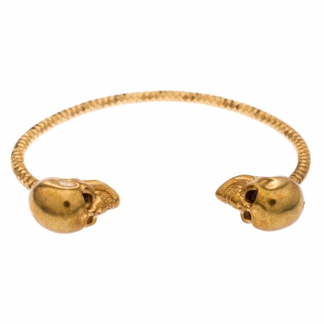 Pre Owned Alexander McQueen Twin Skull Gold Tone Open Cuff Bracelet 19cm