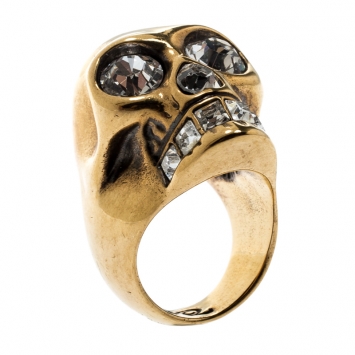Pre Owned Alexander McQueen Crystal Heart Skull Gold Tone Ring Size 55