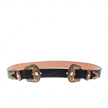 Pre Owned Alexander McQueen Black Leather Double Buckle Belt 80CM
