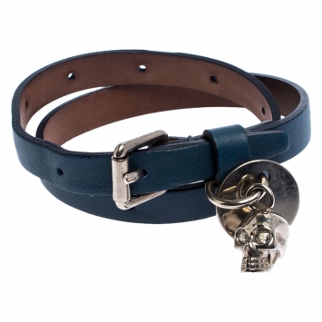 Pre Owned Alexander McQueen Teal Blue Leather Crystal Skull Charm Silver Tone Double Wrap Bracelet