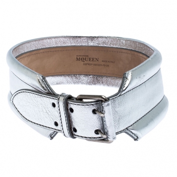 Pre Owned Alexander McQueen Silver Metallic Leather Belt 70 CM