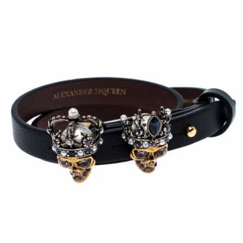 Pre Owned Alexander McQueen Black Leather King & Queen Skull Double Tour Bracelet