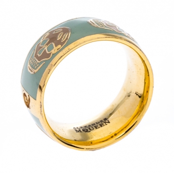 Pre Owned Alexander McQueen Skull Enamel Gold Tone Band Ring Size 55
