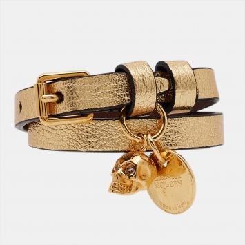 Pre Owned Alexander McQueen  Leather Crystals Gold Tone Double Wrap Skull Charm Bracelet