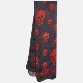 Pre Owned Alexander McQueen Black Skull Print Silk Chiffon Scarf