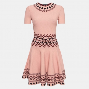 Pre Owned Alexander McQueen Pink Pattern Knit Flounce Geo Midi Dress S