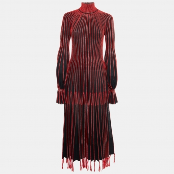 Pre Owned Alexander McQueen Black/Red Stripe Knit Plisse Midi Dress M