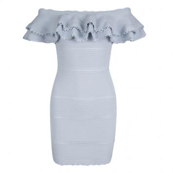 Pre Owned Alexander McQueen Blue Perforated Knit Ruffle Detail Off Shoulder Dress S