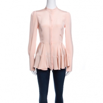 Pre Owned Alexander Mcqueen Peach Silk Long Sleeve Peplum Shirt S