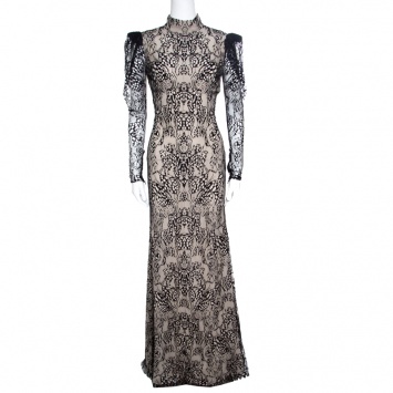 Pre Owned Alexander McQueen Beige and Black Backless Butterfly Lace Gown S